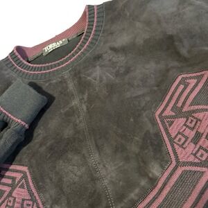 Vintage Torras Suede‎ Wool Sweater Mens 42 Black Burgundy Geometric Spain Luxury